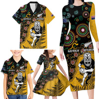 Custom New Zealand and Australia Rugby Family Matching Long Sleeve Bodycon Dress and Hawaiian Shirt Maori Warrior With Aboriginal Version LT03 - Polynesian Pride