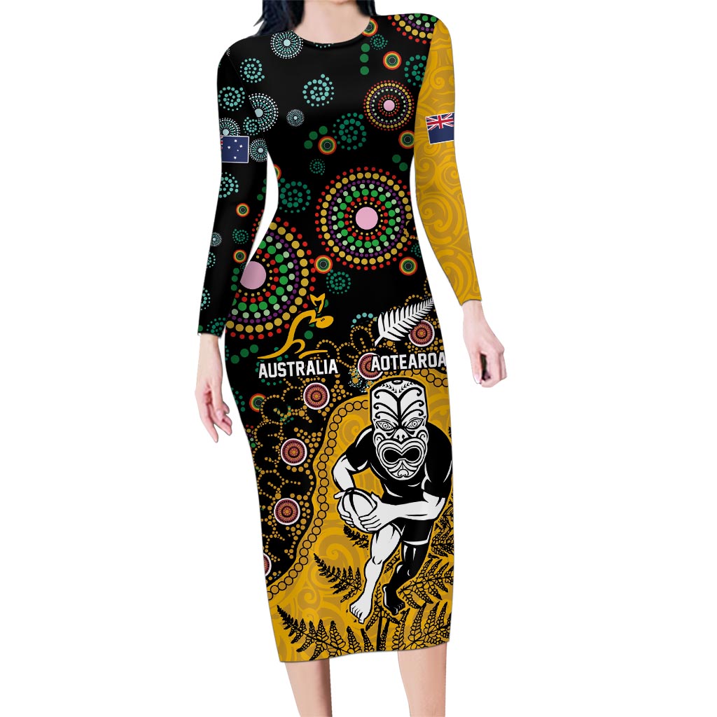 Custom New Zealand and Australia Rugby Family Matching Long Sleeve Bodycon Dress and Hawaiian Shirt Maori Warrior With Aboriginal Version LT03 Mom's Dress Black - Polynesian Pride