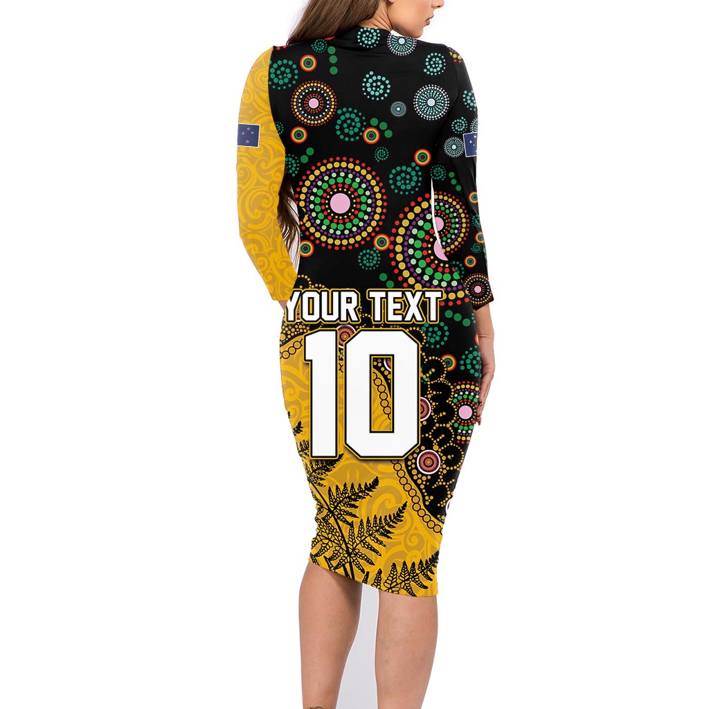 Custom New Zealand and Australia Rugby Family Matching Long Sleeve Bodycon Dress and Hawaiian Shirt Maori Warrior With Aboriginal Version LT03 - Polynesian Pride
