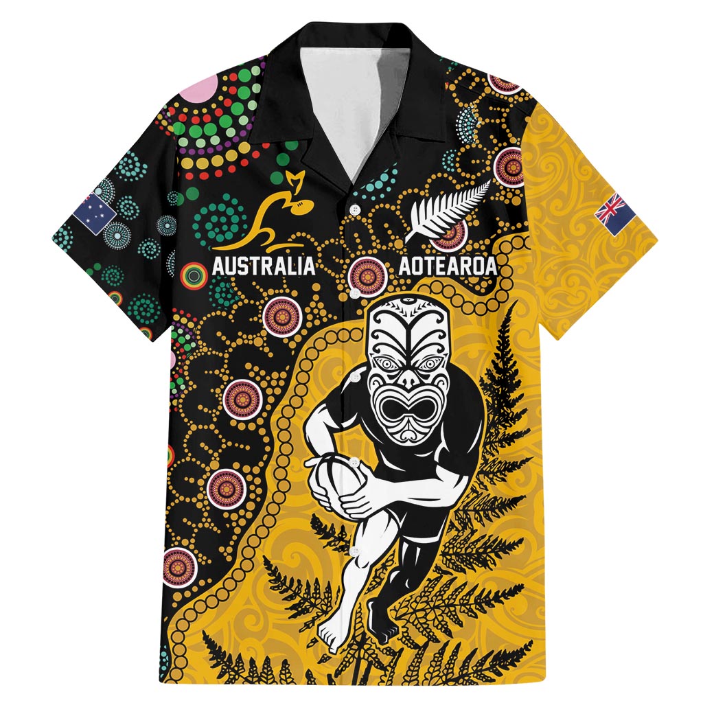 Custom New Zealand and Australia Rugby Family Matching Mermaid Dress and Hawaiian Shirt Maori Warrior With Aboriginal Version LT03 Dad's Shirt - Short Sleeve Black - Polynesian Pride