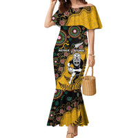 Custom New Zealand and Australia Rugby Family Matching Mermaid Dress and Hawaiian Shirt Maori Warrior With Aboriginal Version LT03 Mom's Dress Black - Polynesian Pride