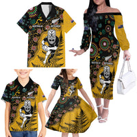 Custom New Zealand and Australia Rugby Family Matching Off The Shoulder Long Sleeve Dress and Hawaiian Shirt Maori Warrior With Aboriginal Version LT03 - Polynesian Pride