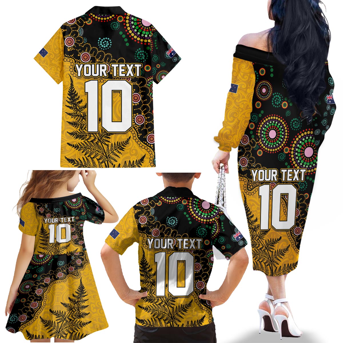 Custom New Zealand and Australia Rugby Family Matching Off The Shoulder Long Sleeve Dress and Hawaiian Shirt Maori Warrior With Aboriginal Version LT03 - Polynesian Pride