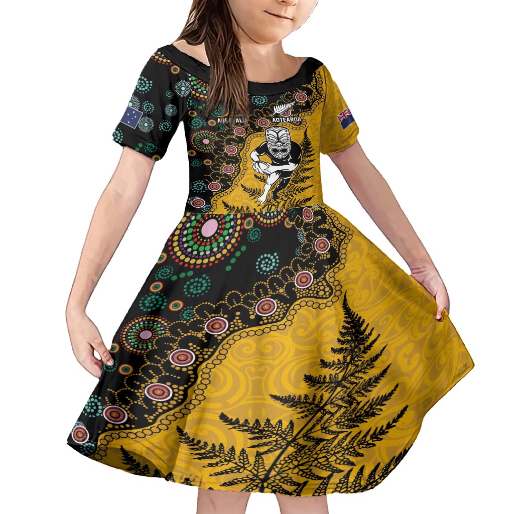 Custom New Zealand and Australia Rugby Family Matching Off Shoulder Maxi Dress and Hawaiian Shirt Maori Warrior With Aboriginal Version LT03 Daughter's Dress Black - Polynesian Pride
