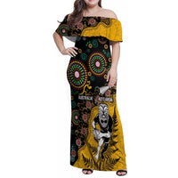 Custom New Zealand and Australia Rugby Family Matching Off Shoulder Maxi Dress and Hawaiian Shirt Maori Warrior With Aboriginal Version LT03 Mom's Dress Black - Polynesian Pride
