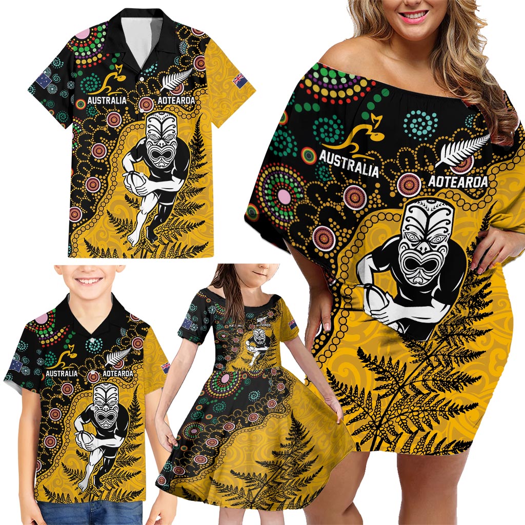 Custom New Zealand and Australia Rugby Family Matching Off Shoulder Short Dress and Hawaiian Shirt Maori Warrior With Aboriginal Version LT03 - Polynesian Pride