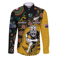 Custom New Zealand and Australia Rugby Family Matching Off Shoulder Short Dress and Hawaiian Shirt Maori Warrior With Aboriginal Version LT03 Dad's Shirt - Long Sleeve Black - Polynesian Pride