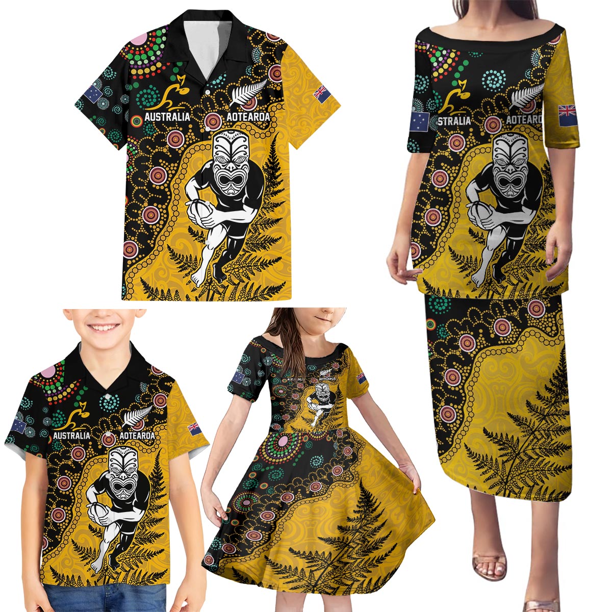 Custom New Zealand and Australia Rugby Family Matching Puletasi and Hawaiian Shirt Maori Warrior With Aboriginal Version LT03 - Polynesian Pride