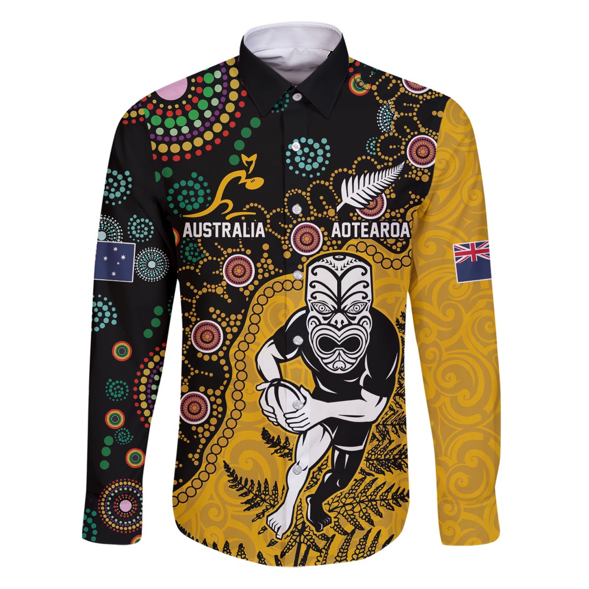 Custom New Zealand and Australia Rugby Family Matching Puletasi and Hawaiian Shirt Maori Warrior With Aboriginal Version LT03 Dad's Shirt - Long Sleeve Black - Polynesian Pride