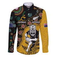Custom New Zealand and Australia Rugby Family Matching Puletasi and Hawaiian Shirt Maori Warrior With Aboriginal Version LT03 Dad's Shirt - Long Sleeve Black - Polynesian Pride