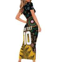 Custom New Zealand and Australia Rugby Family Matching Short Sleeve Bodycon Dress and Hawaiian Shirt Maori Warrior With Aboriginal Version LT03 - Polynesian Pride