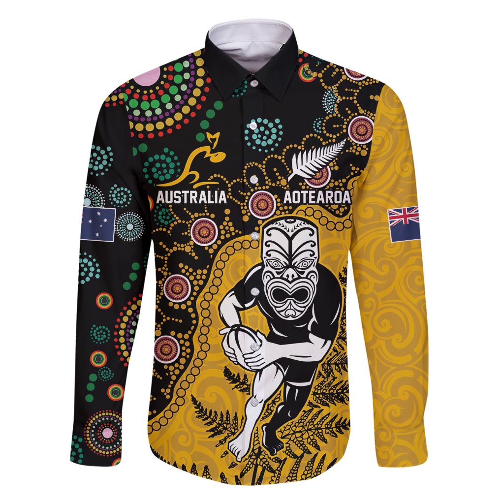 Custom New Zealand and Australia Rugby Family Matching Summer Maxi Dress and Hawaiian Shirt Maori Warrior With Aboriginal Version LT03 Dad's Shirt - Long Sleeve Black - Polynesian Pride