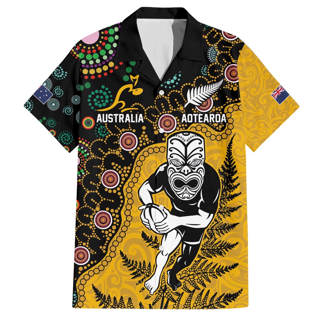Custom New Zealand and Australia Rugby Hawaiian Shirt Maori Warrior With Aboriginal Version LT03 Black - Polynesian Pride