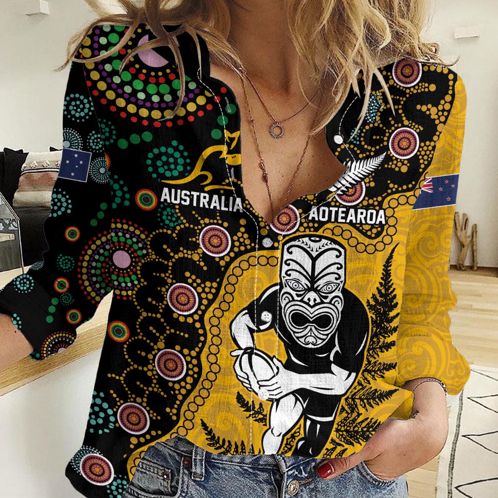 Custom New Zealand and Australia Rugby Women Casual Shirt Maori Warrior With Aboriginal Version LT03 Female Black - Polynesian Pride