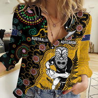Custom New Zealand and Australia Rugby Women Casual Shirt Maori Warrior With Aboriginal Version LT03 Female Black - Polynesian Pride