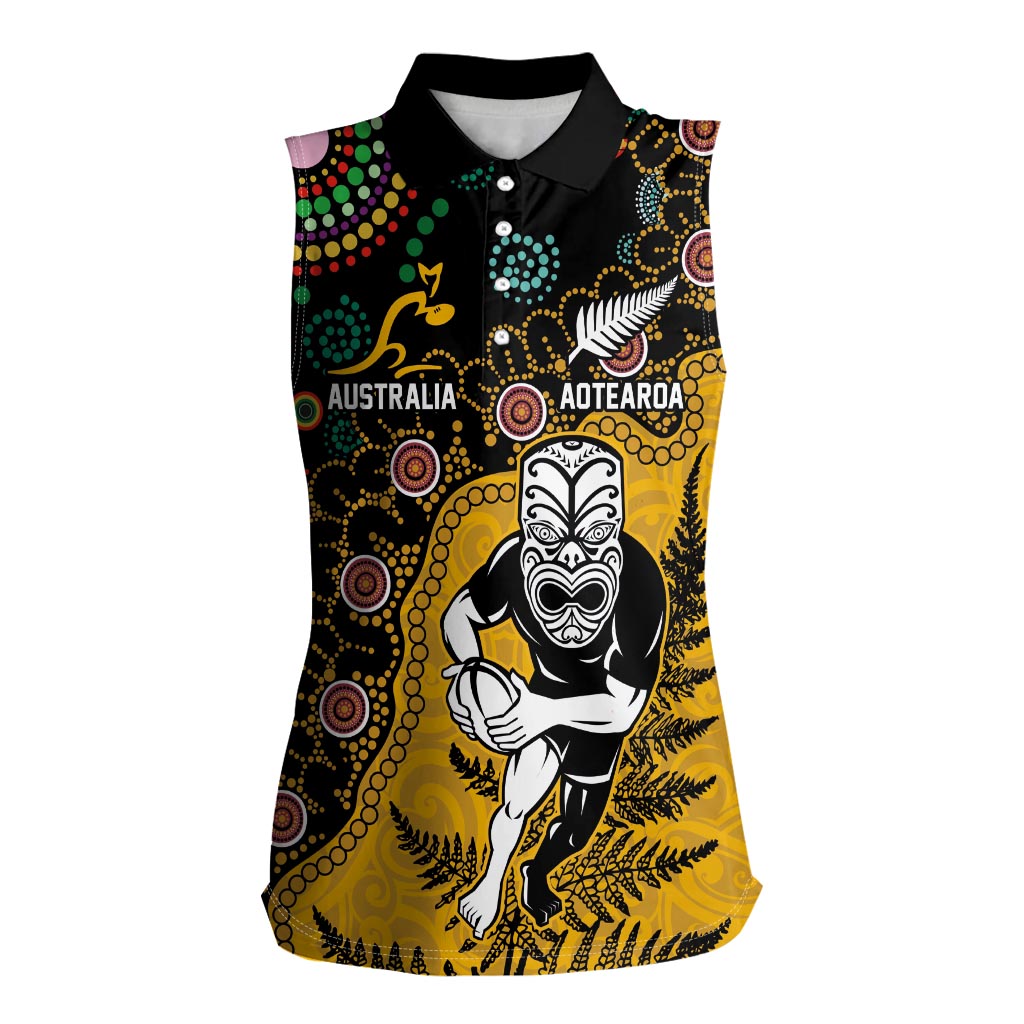 Custom New Zealand and Australia Rugby Women Sleeveless Polo Shirt Maori Warrior With Aboriginal Version LT03 Female Black - Polynesian Pride