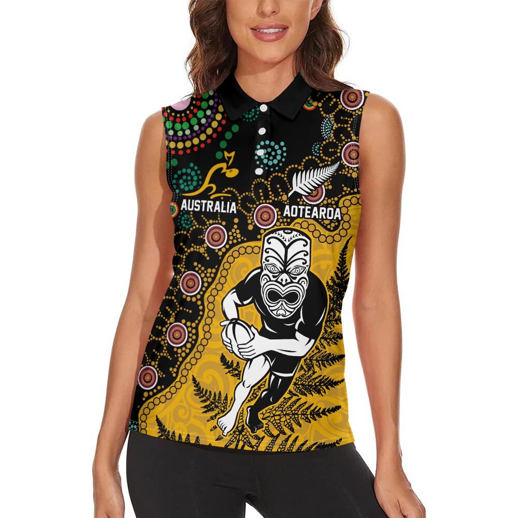 Custom New Zealand and Australia Rugby Women Sleeveless Polo Shirt Maori Warrior With Aboriginal Version LT03 - Polynesian Pride