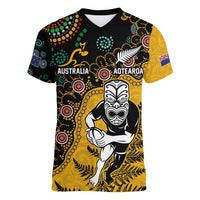 Custom New Zealand and Australia Rugby Women V-Neck T-Shirt Maori Warrior With Aboriginal Version LT03 Female Black - Polynesian Pride