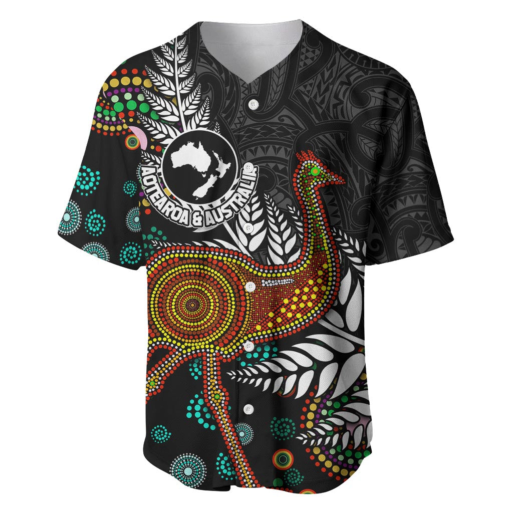 New Zealand Fern and Australia Emu Baseball Jersey Aboriginal Mix Maori Pattern LT03 Blue - Polynesian Pride