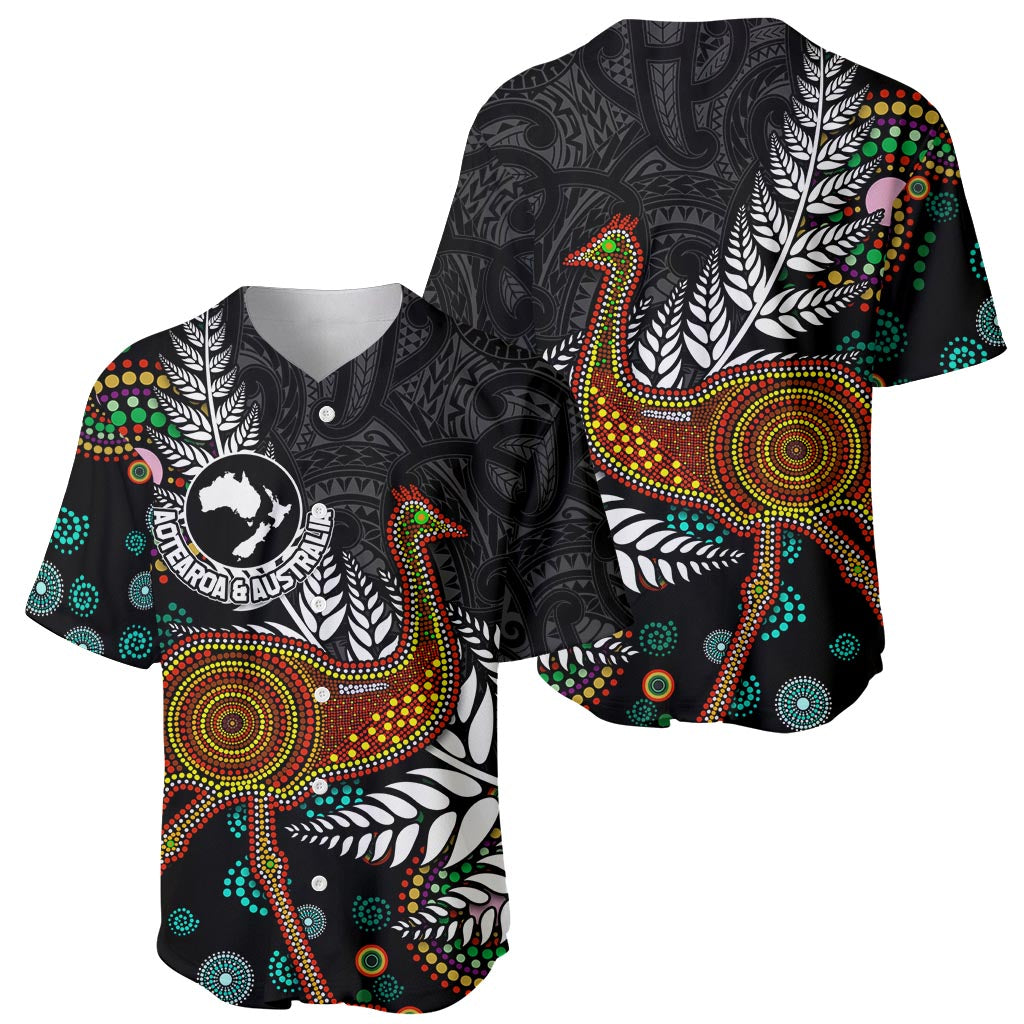New Zealand Fern and Australia Emu Baseball Jersey Aboriginal Mix Maori Pattern LT03 - Polynesian Pride