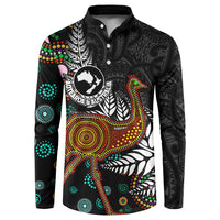 New Zealand Fern and Australia Emu Button Sweatshirt Aboriginal Mix Maori Pattern