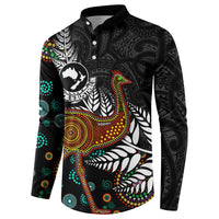New Zealand Fern and Australia Emu Button Sweatshirt Aboriginal Mix Maori Pattern