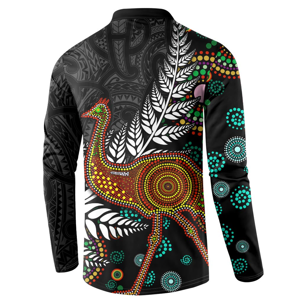 New Zealand Fern and Australia Emu Button Sweatshirt Aboriginal Mix Maori Pattern