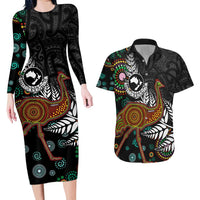 New Zealand Fern and Australia Emu Couples Matching Long Sleeve Bodycon Dress and Hawaiian Shirt Aboriginal Mix Maori Pattern LT03 Blue - Polynesian Pride