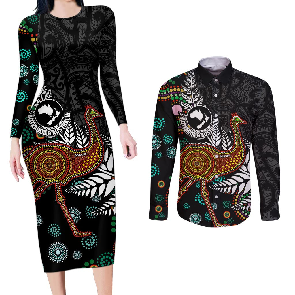 New Zealand Fern and Australia Emu Couples Matching Long Sleeve Bodycon Dress and Long Sleeve Button Shirt Aboriginal Mix Maori Pattern LT03 Blue - Polynesian Pride
