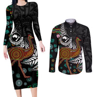 New Zealand Fern and Australia Emu Couples Matching Long Sleeve Bodycon Dress and Long Sleeve Button Shirt Aboriginal Mix Maori Pattern LT03 Blue - Polynesian Pride