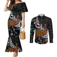 New Zealand Fern and Australia Emu Couples Matching Mermaid Dress and Long Sleeve Button Shirt Aboriginal Mix Maori Pattern LT03 Blue - Polynesian Pride