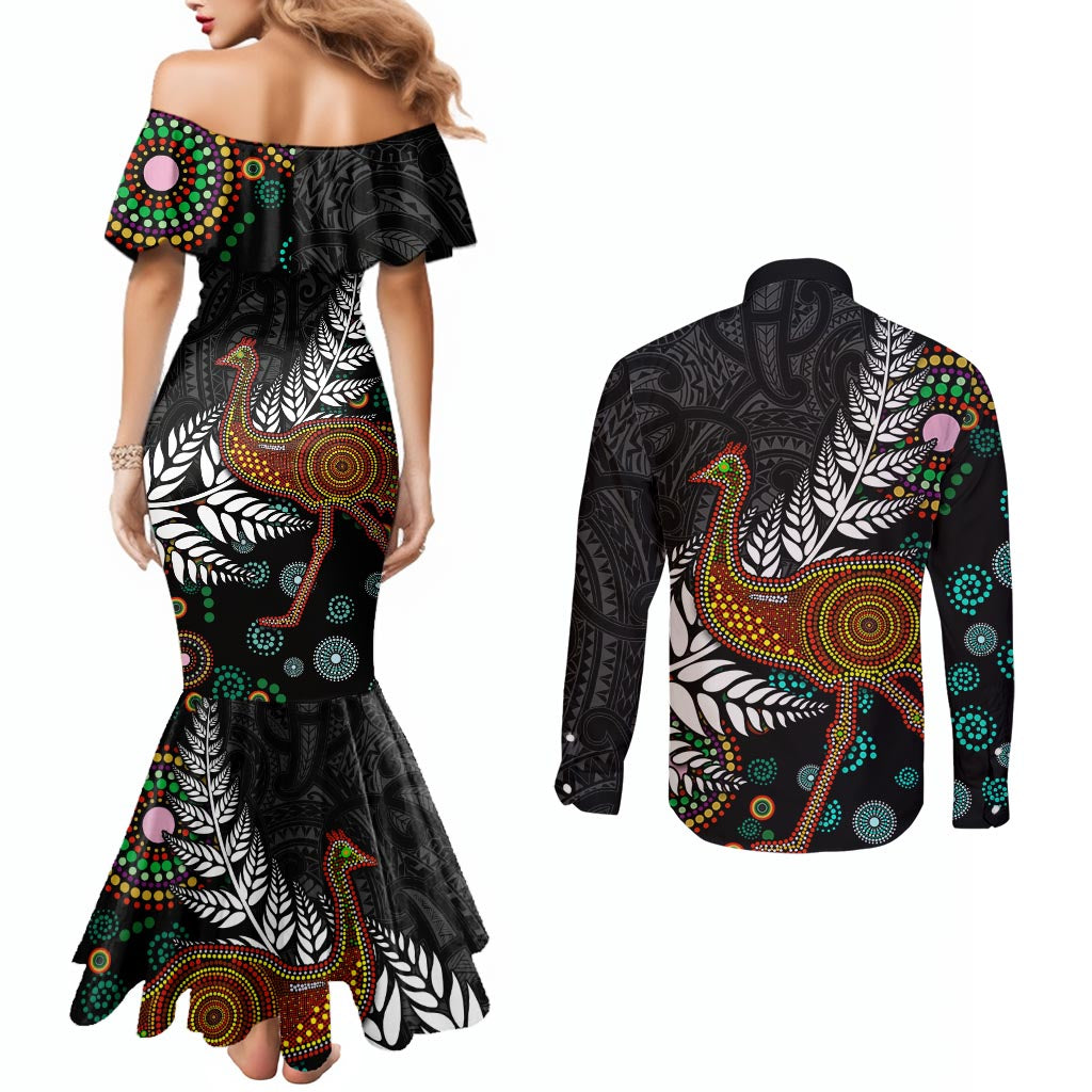New Zealand Fern and Australia Emu Couples Matching Mermaid Dress and Long Sleeve Button Shirt Aboriginal Mix Maori Pattern LT03 - Polynesian Pride