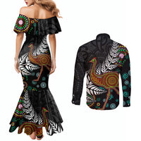 New Zealand Fern and Australia Emu Couples Matching Mermaid Dress and Long Sleeve Button Shirt Aboriginal Mix Maori Pattern LT03 - Polynesian Pride