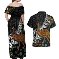 New Zealand Fern and Australia Emu Couples Matching Off Shoulder Maxi Dress and Hawaiian Shirt Aboriginal Mix Maori Pattern LT03 - Polynesian Pride