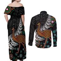 New Zealand Fern and Australia Emu Couples Matching Off Shoulder Maxi Dress and Long Sleeve Button Shirt Aboriginal Mix Maori Pattern LT03 - Polynesian Pride