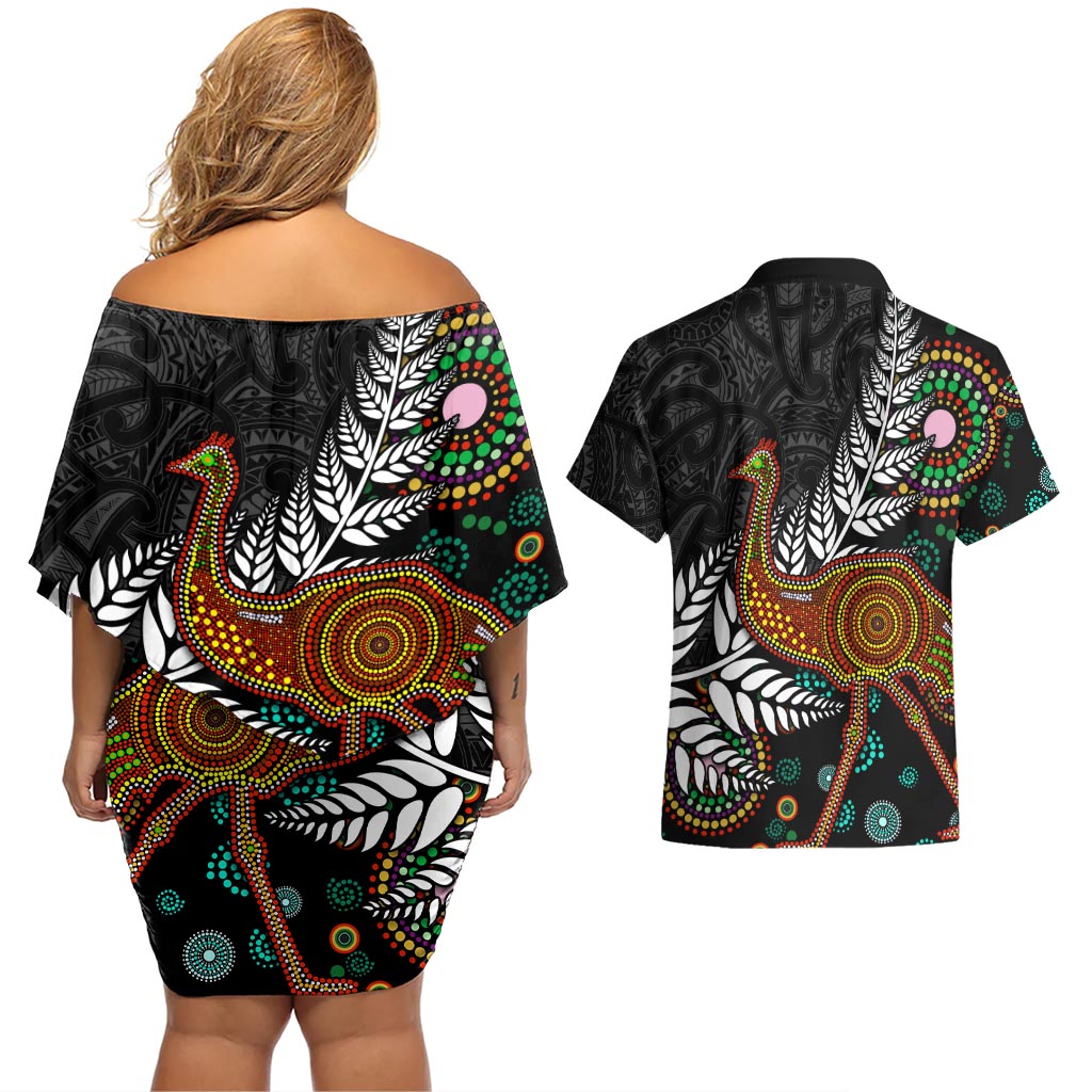 New Zealand Fern and Australia Emu Couples Matching Off Shoulder Short Dress and Hawaiian Shirt Aboriginal Mix Maori Pattern LT03 - Polynesian Pride
