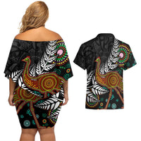 New Zealand Fern and Australia Emu Couples Matching Off Shoulder Short Dress and Hawaiian Shirt Aboriginal Mix Maori Pattern LT03 - Polynesian Pride