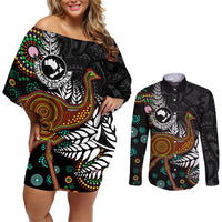 New Zealand Fern and Australia Emu Couples Matching Off Shoulder Short Dress and Long Sleeve Button Shirt Aboriginal Mix Maori Pattern LT03 Blue - Polynesian Pride