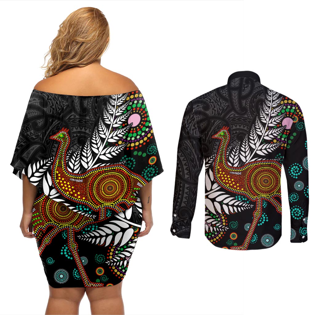 New Zealand Fern and Australia Emu Couples Matching Off Shoulder Short Dress and Long Sleeve Button Shirt Aboriginal Mix Maori Pattern LT03 - Polynesian Pride