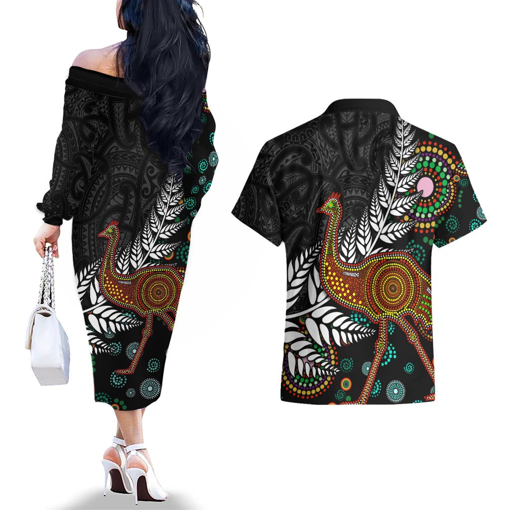 New Zealand Fern and Australia Emu Couples Matching Off The Shoulder Long Sleeve Dress and Hawaiian Shirt Aboriginal Mix Maori Pattern LT03 - Polynesian Pride