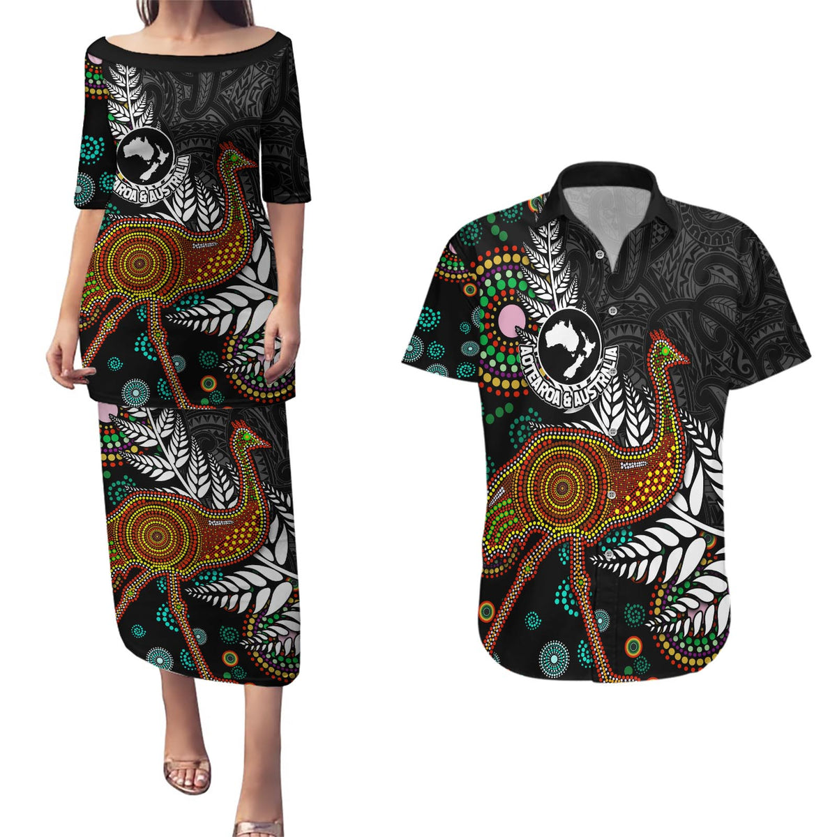 New Zealand Fern and Australia Emu Couples Matching Puletasi and Hawaiian Shirt Aboriginal Mix Maori Pattern LT03 Blue - Polynesian Pride