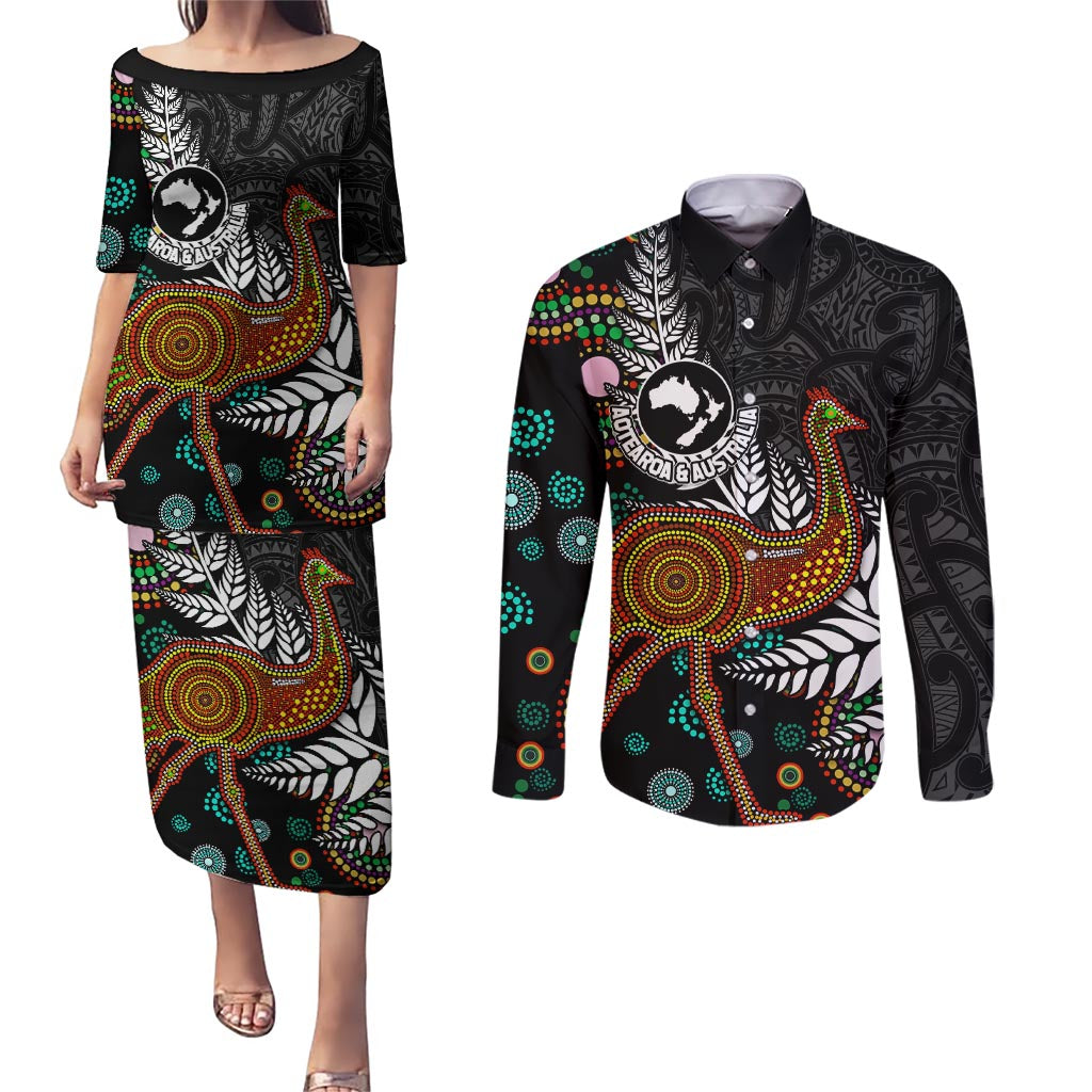 New Zealand Fern and Australia Emu Couples Matching Puletasi and Long Sleeve Button Shirt Aboriginal Mix Maori Pattern LT03 Blue - Polynesian Pride