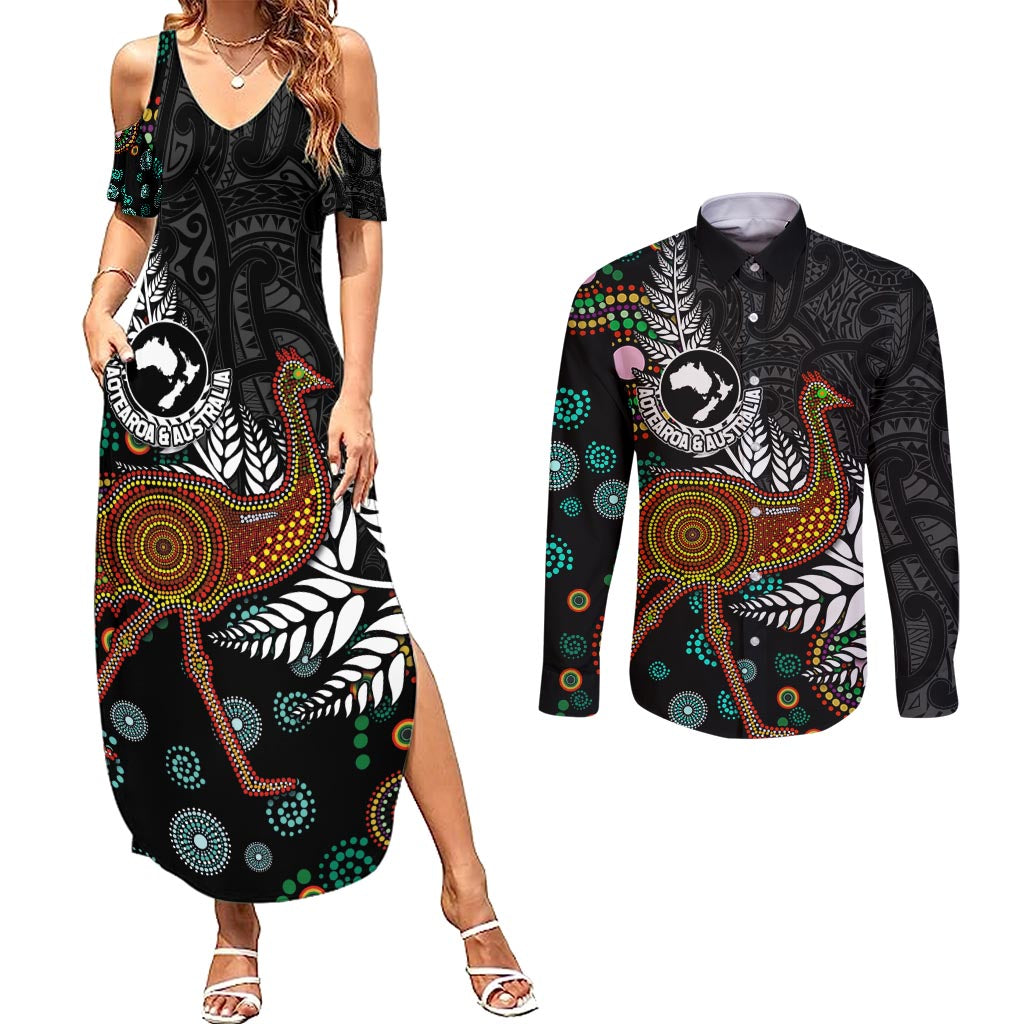 New Zealand Fern and Australia Emu Couples Matching Summer Maxi Dress and Long Sleeve Button Shirt Aboriginal Mix Maori Pattern LT03 Blue - Polynesian Pride