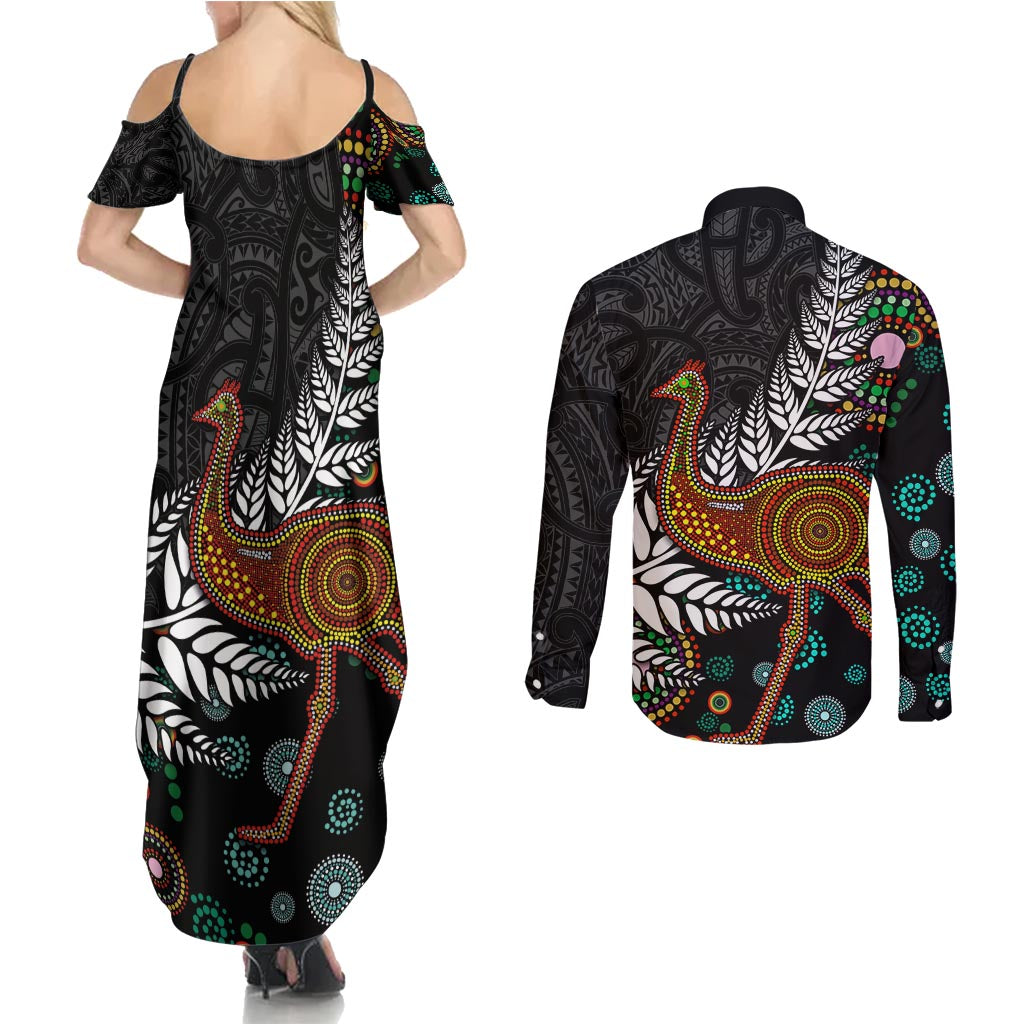 New Zealand Fern and Australia Emu Couples Matching Summer Maxi Dress and Long Sleeve Button Shirt Aboriginal Mix Maori Pattern LT03 - Polynesian Pride