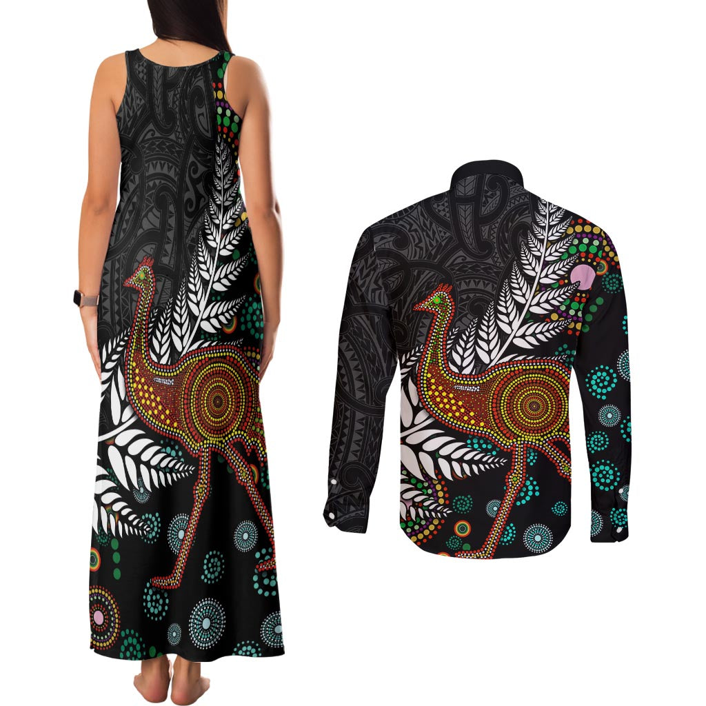 New Zealand Fern and Australia Emu Couples Matching Tank Maxi Dress and Long Sleeve Button Shirt Aboriginal Mix Maori Pattern LT03 - Polynesian Pride
