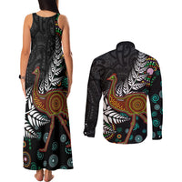 New Zealand Fern and Australia Emu Couples Matching Tank Maxi Dress and Long Sleeve Button Shirt Aboriginal Mix Maori Pattern LT03 - Polynesian Pride