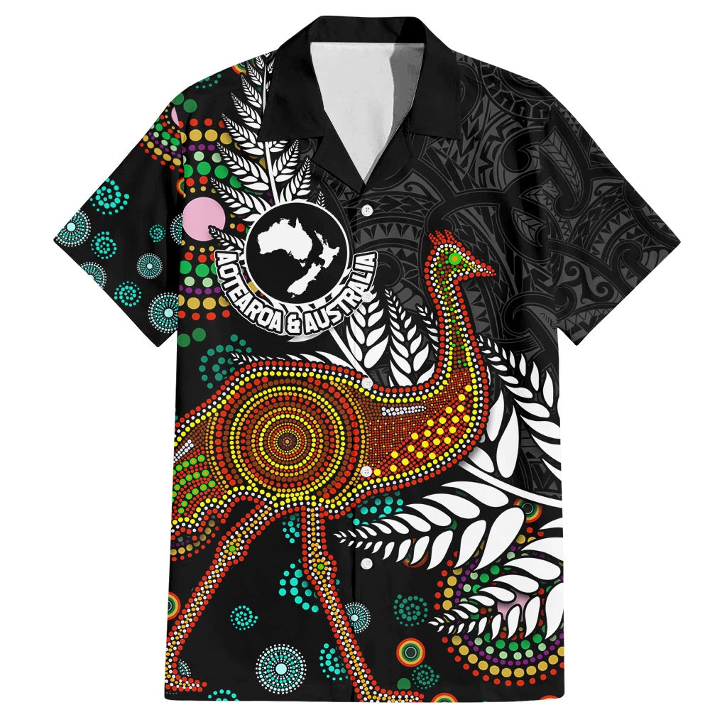 New Zealand Fern and Australia Emu Family Matching Long Sleeve Bodycon Dress and Hawaiian Shirt Aboriginal Mix Maori Pattern LT03 Dad's Shirt - Short Sleeve Blue - Polynesian Pride