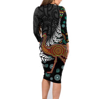 New Zealand Fern and Australia Emu Family Matching Long Sleeve Bodycon Dress and Hawaiian Shirt Aboriginal Mix Maori Pattern LT03 - Polynesian Pride
