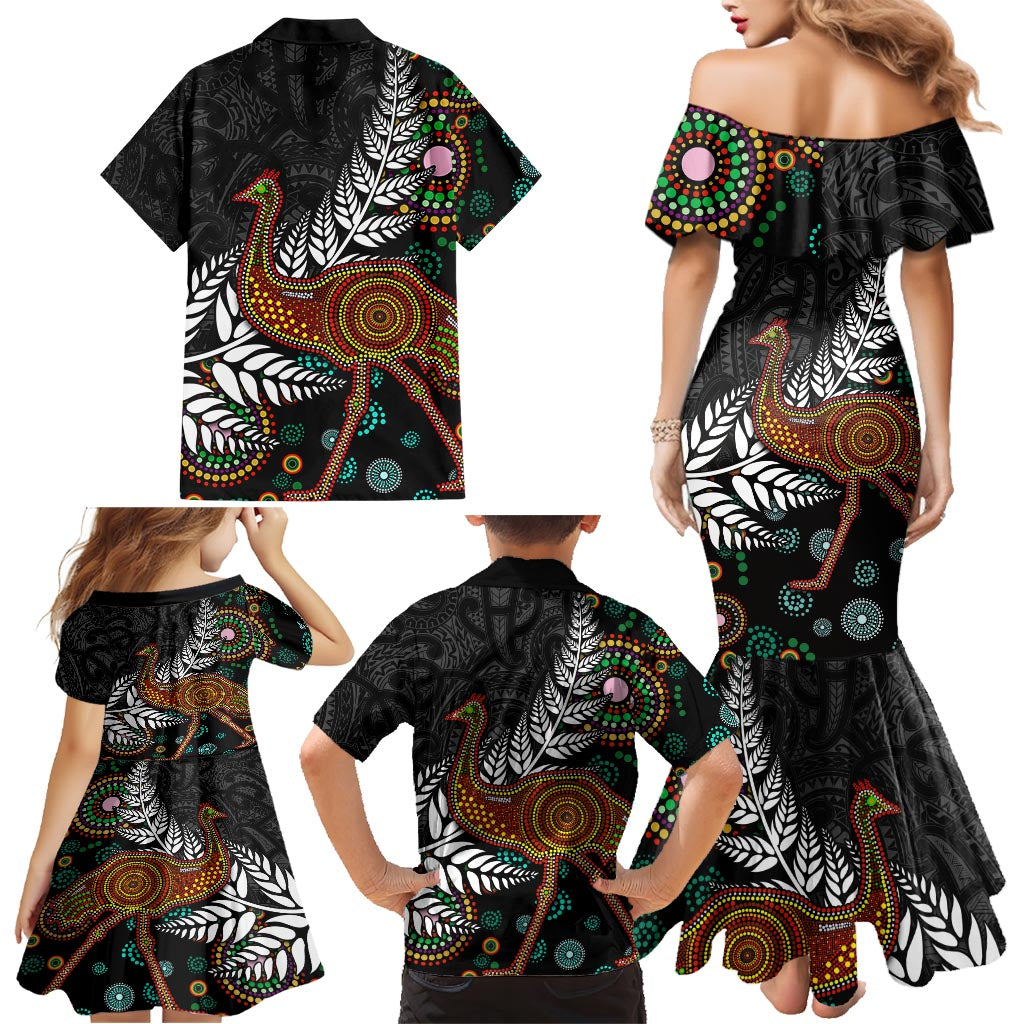 New Zealand Fern and Australia Emu Family Matching Mermaid Dress and Hawaiian Shirt Aboriginal Mix Maori Pattern LT03 - Polynesian Pride