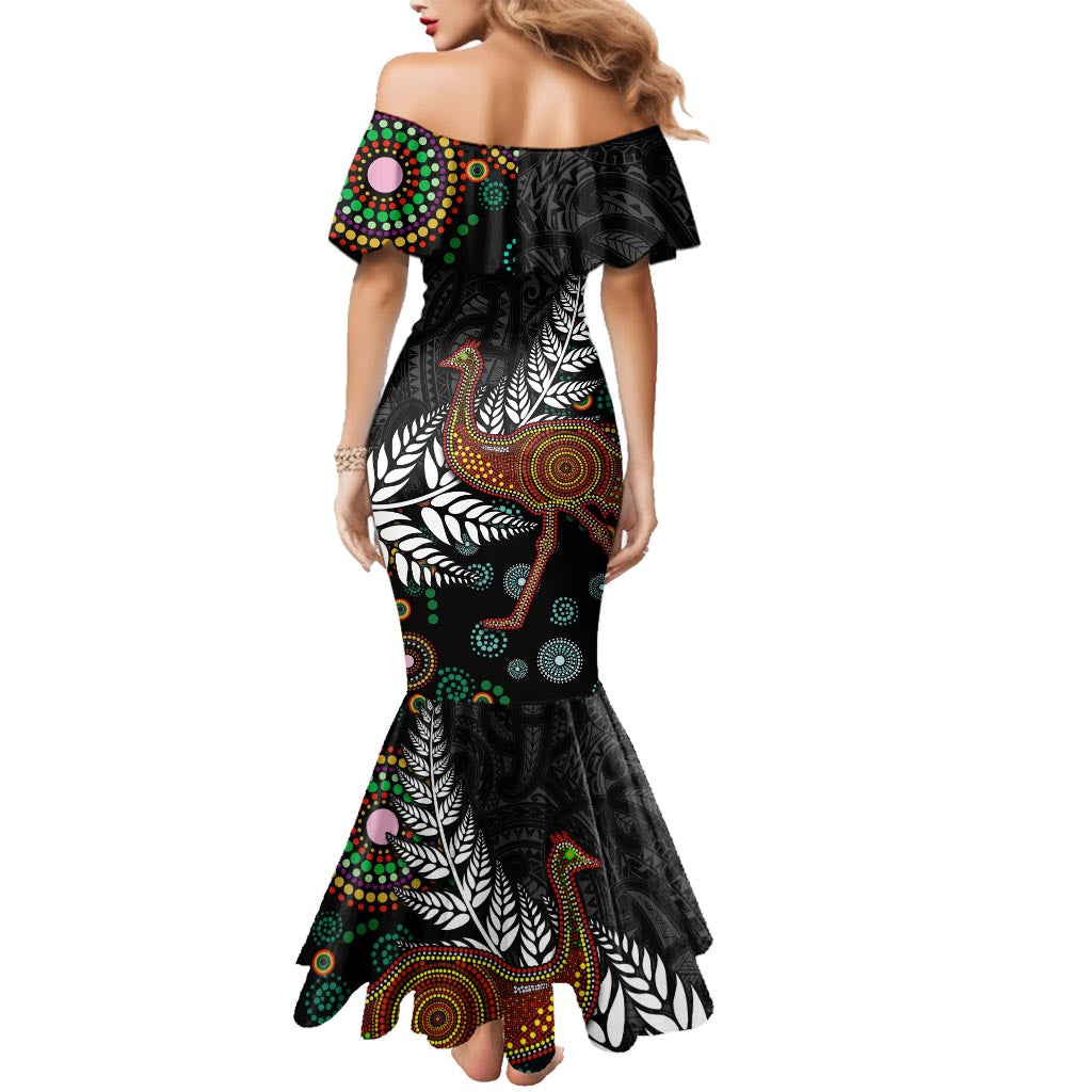 New Zealand Fern and Australia Emu Family Matching Mermaid Dress and Hawaiian Shirt Aboriginal Mix Maori Pattern LT03 - Polynesian Pride